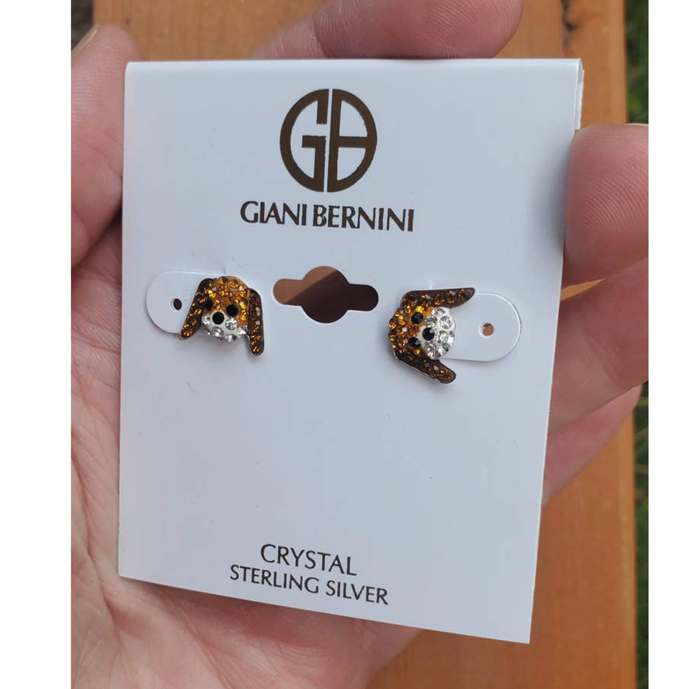 GIANI BERNINI Brown White Pave Crystal Dog Sterling Silver Stud Earrings